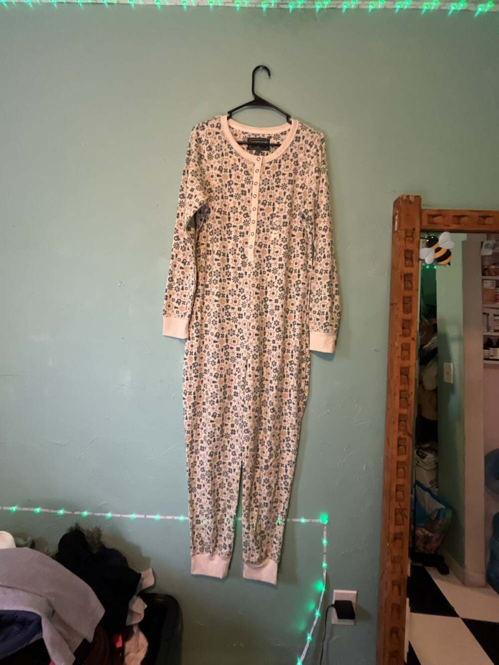 American Eagle Thermal Waffle Knit Holiday Print One-Piece Pajama Jumpsuit